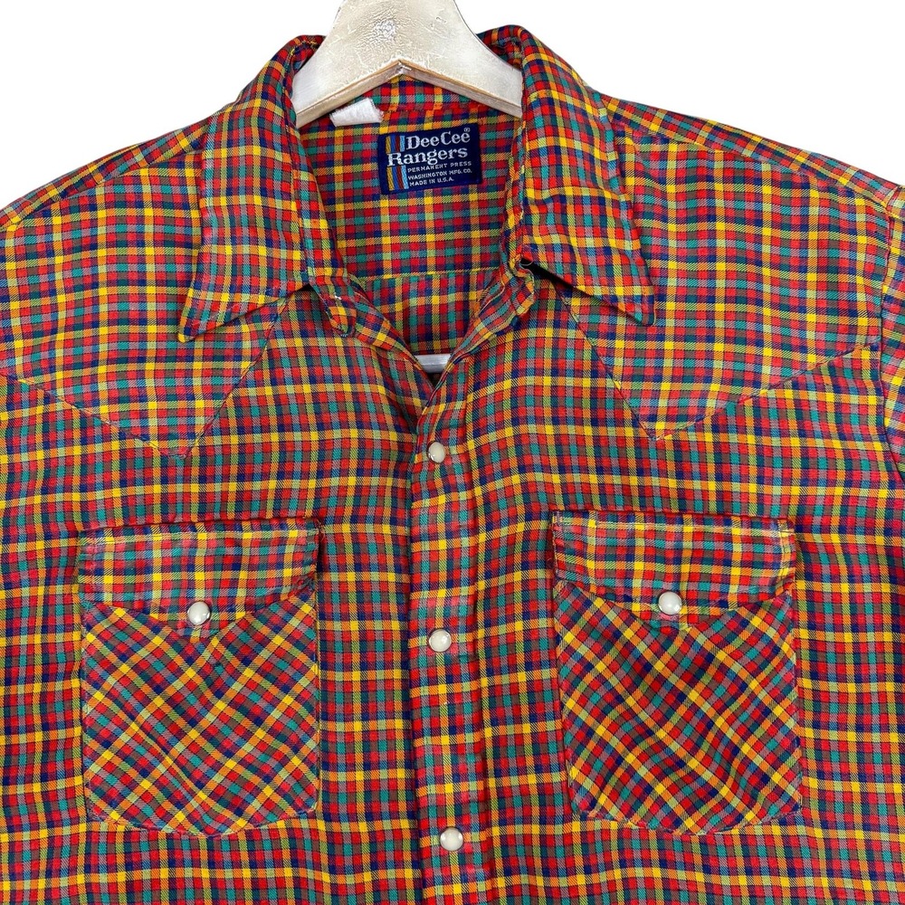 Vintage DeeCee Rangers Shirt Mens Large‎ Multicolor Plaid Western Pearl Snap 70s